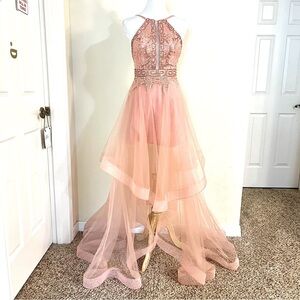 JOVANI Peach sequins beaded Spaghetti Straps Ruffled Tulle Trendy Long Dress 4